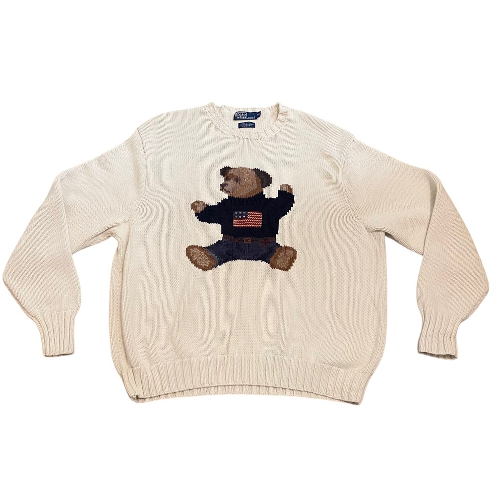 Polo Ralph Lauren American Flag Sitting Bear Ivory Hand Knit Sweater, Size XXL